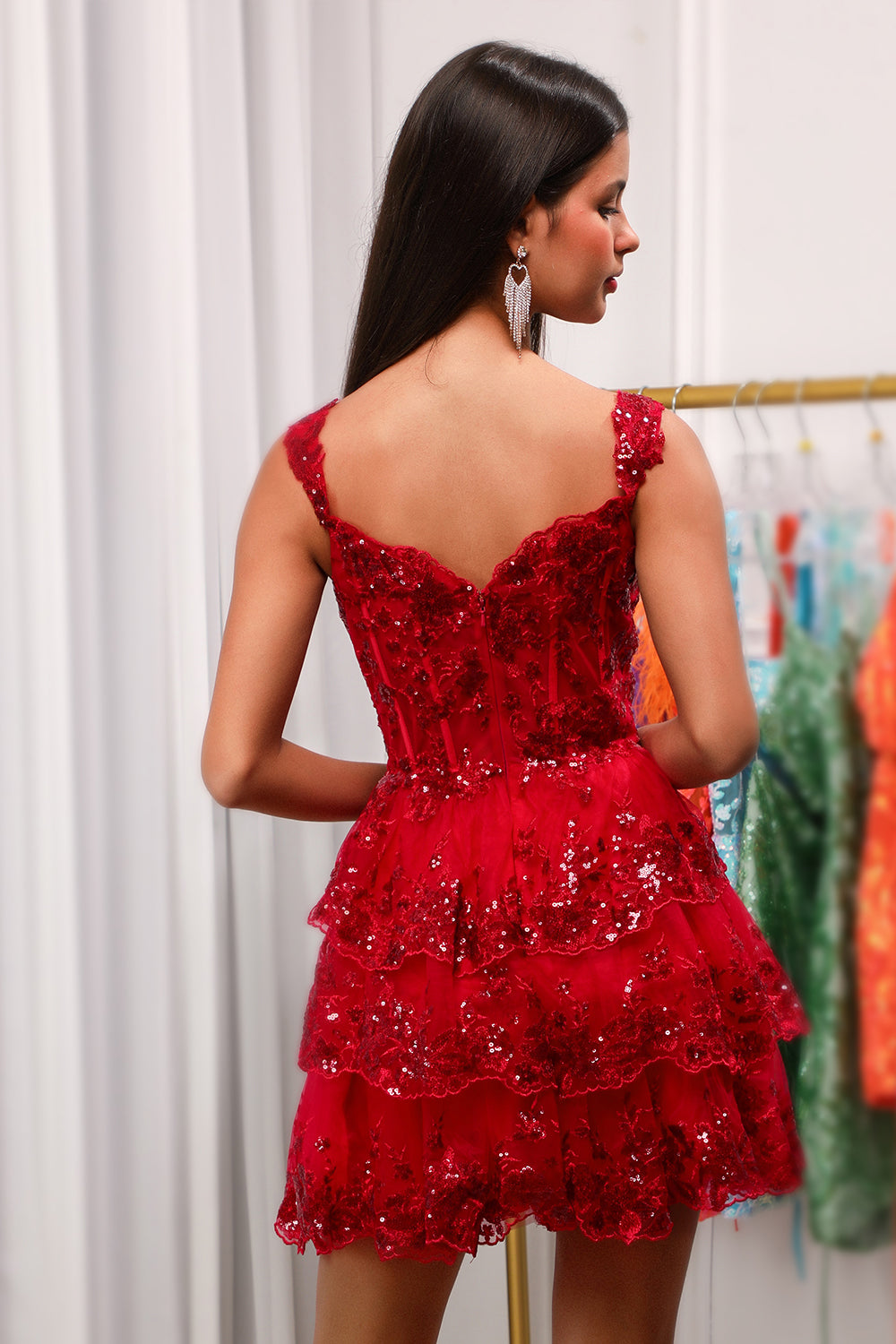 Sparkly Red Corset Tiered Lace A-Line Short Homecoming Dress