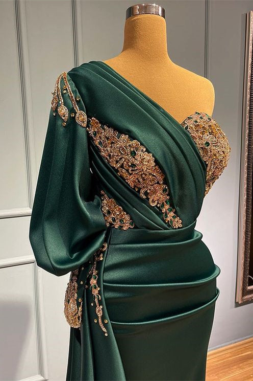 Dark Green One-Shoulder Mermaid Beads Prom Dress With Appliques ED0082