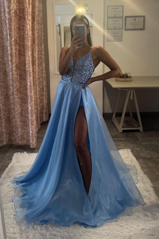 Blue Lace-Up V-Neck Spaghetti Strap Long Prom Dress With Slit YL0015