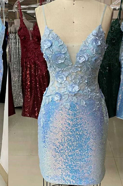 Light Blue Sequin Appliques Bodycon Homecoming Dress gh1425