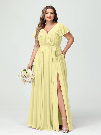 A-Line/Princess V-Neck Short Sleeves Chiffon Plus Size Bridesmaid Dresses With Pockets,Ruffles  ,Ruched & Split Side