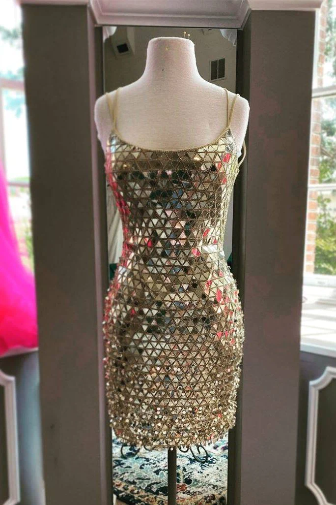 Gold Sequins Tight Short Homecoming Dress gh1216