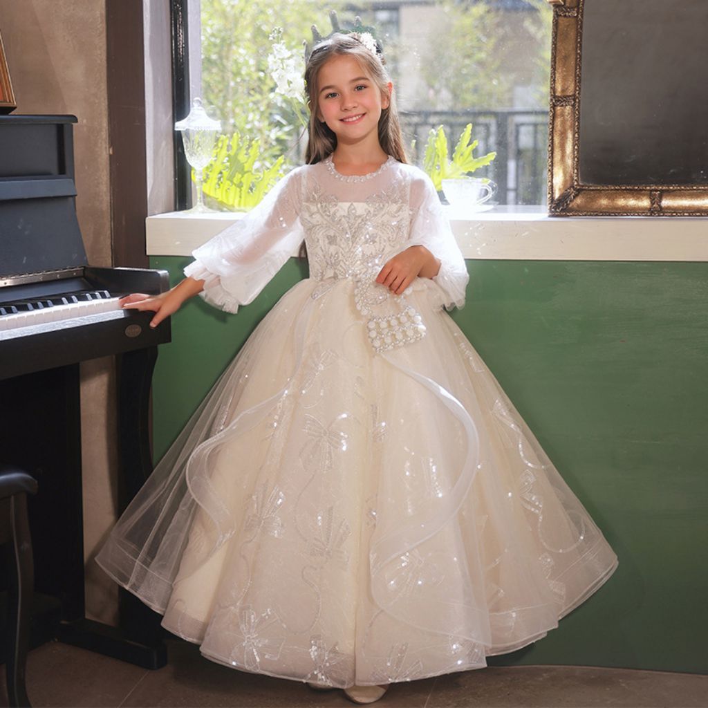 A-Line/Princess 3/4 Sleeves Lace Flower Girl Party Dress with Rhinestone Appliques