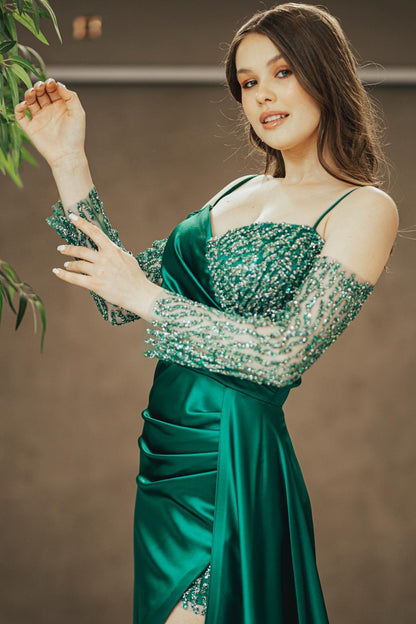 Emerald Spaghetti-Strap Off-The-Shoulder Sequins Prom Dress With Slit Pleated ED0294