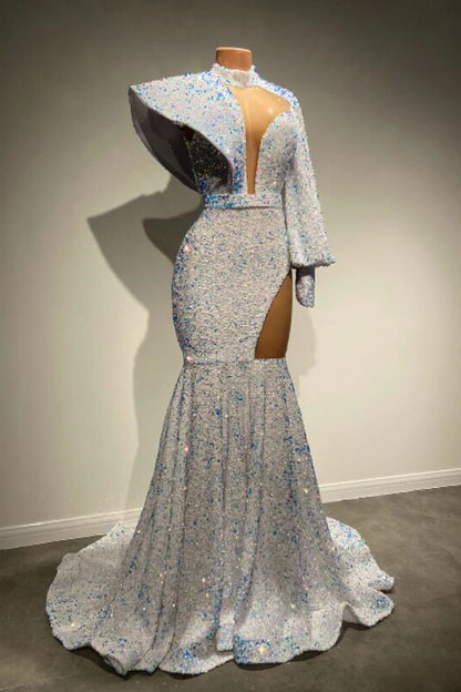 High Neck Long Sleeves Mermaid Prom Dress With Sequins PD0780