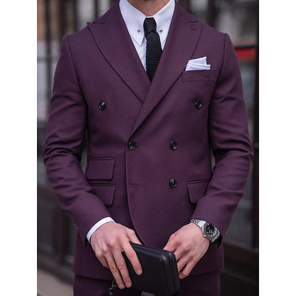 Men's Tailored Fit Double Breasted Six-buttons 2 Pieces Solid Colored Wedding Suits