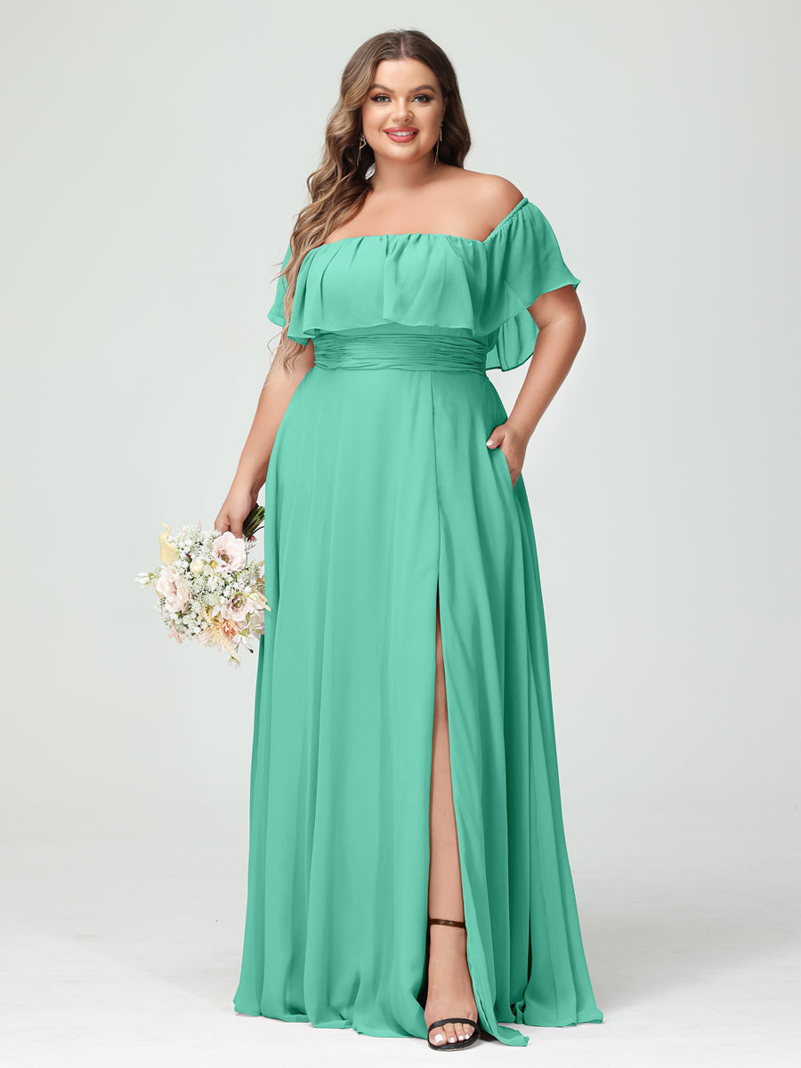 A-Line/Princess Off-the-Shoulder Short Sleeves Chiffon Plus Size Bridesmaid Dresses with Pockets & Split Side