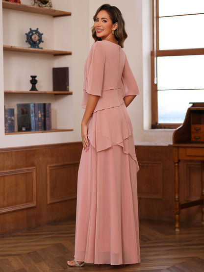 A-Line/Princess Scoop Neck Half Sleeves Floor-Length Mother of the Bride Dresses with Ruffles