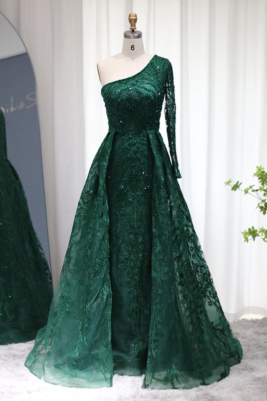 Edgynewlook Emerald One Shoulder Long Sleeves Prom Dress Tulle With Diamond Appliques