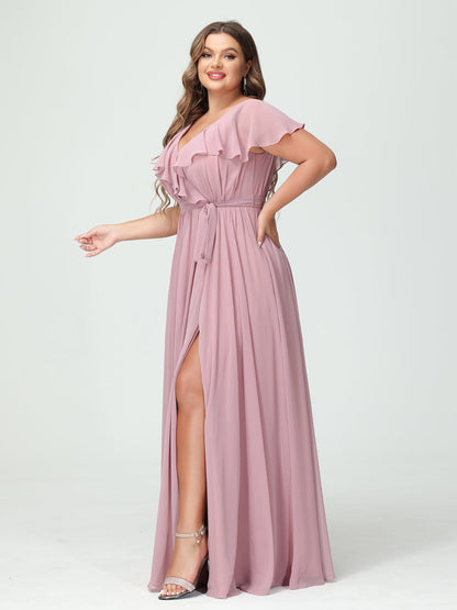 A-Line/Princess V-Neck Short Sleeves Chiffon Plus Size Bridesmaid Dresses With Pockets,Ruffles  ,Ruched & Split Side