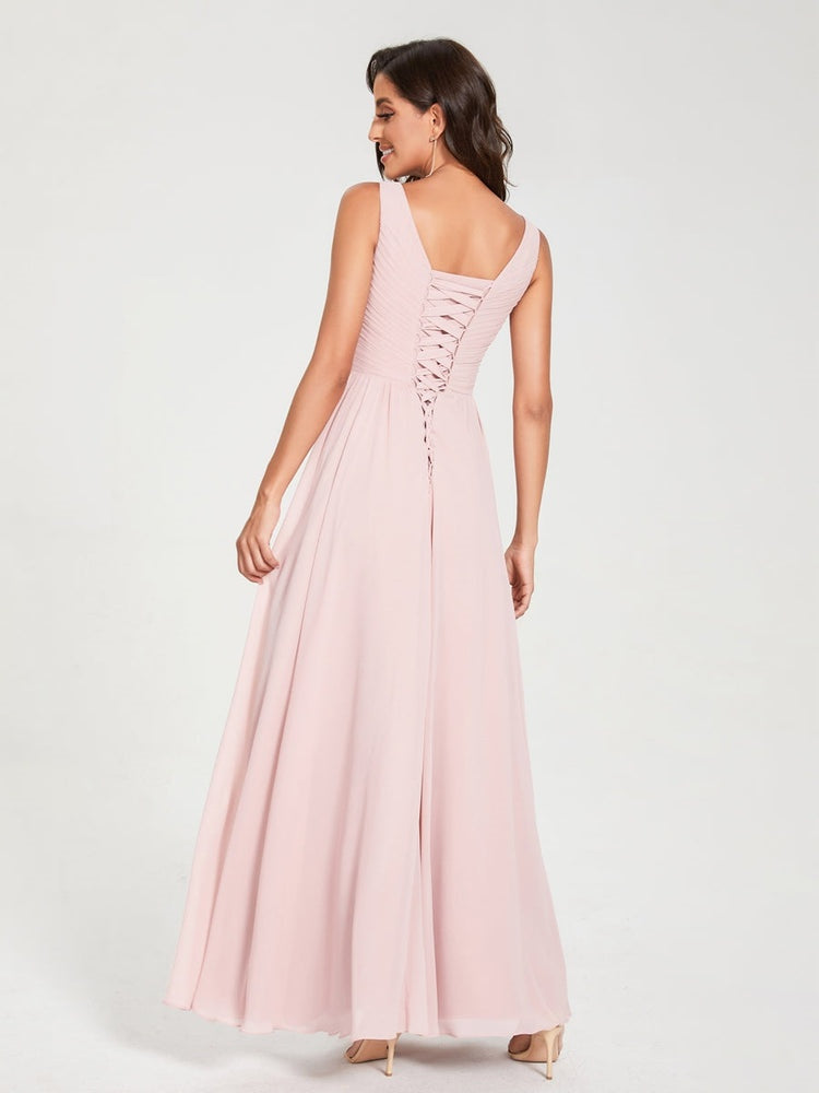 A-Line/Princess Chiffon V-Neck Sleeveless Floor-Length Bridemaid Dresses With Pleats