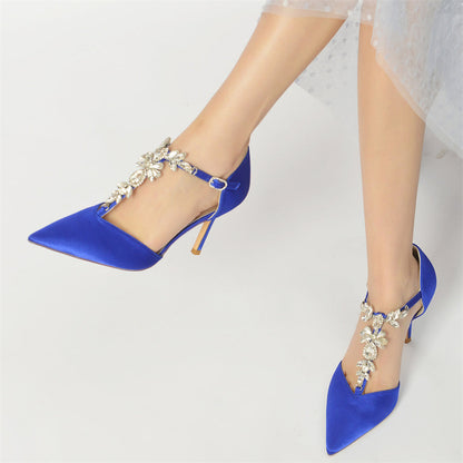 Women's Wedding Shoes Pointed Toe Buckle High Heel Bridal Shoes with Rhinestones