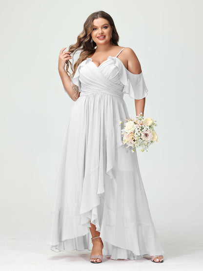 A-Line/Princess/Princess Spaghetti Straps V-Neck Short Sleeves Chiffon Asymmetrical Plus Size Bridesmaid Dresses with Ruffles