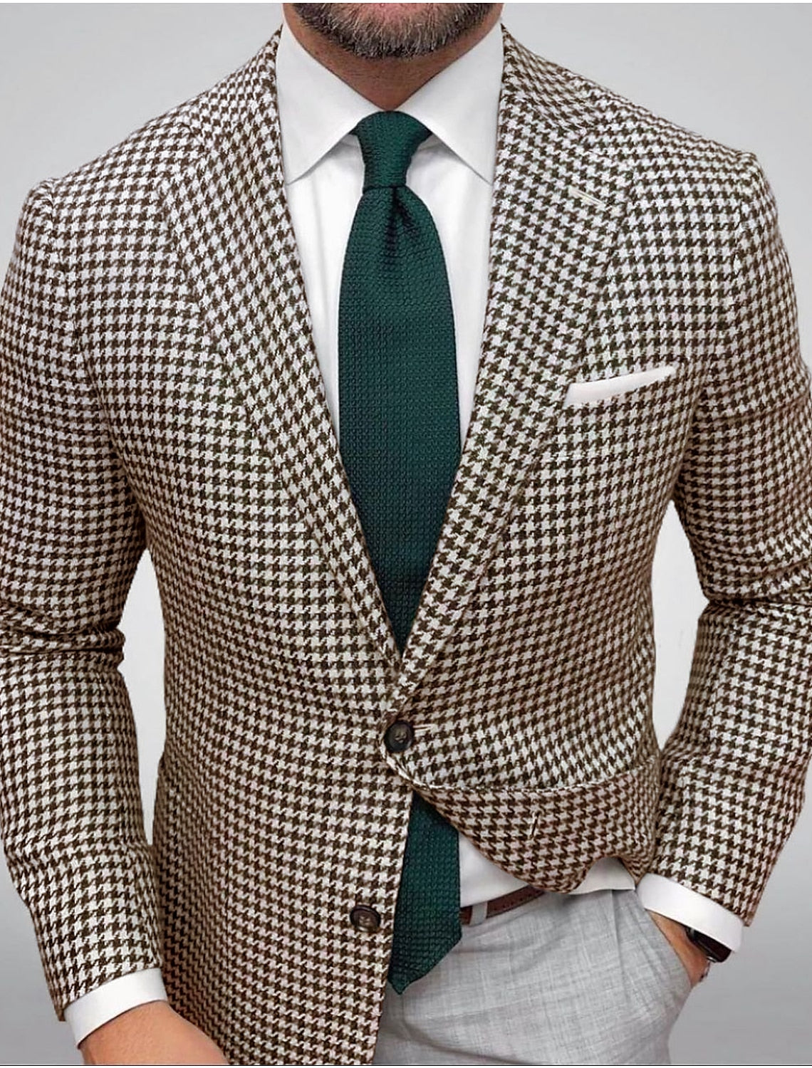 Green Red Brown Men's Tailored Fit Single Breasted Two-buttons Houndstooth Casual Jacket