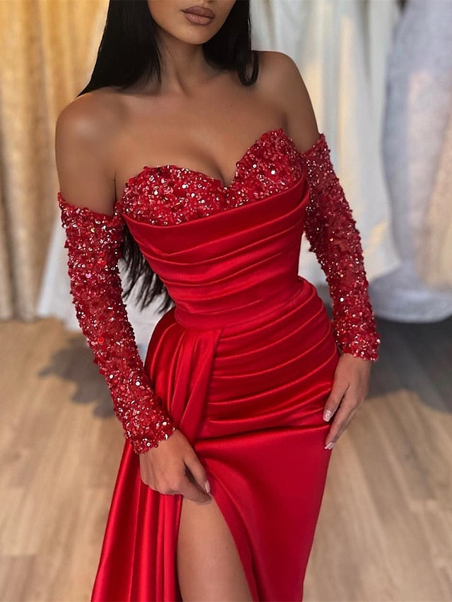 Sheath/Column Sweetheart Floor-length Long Prom Dresses With Split Side & Sequins