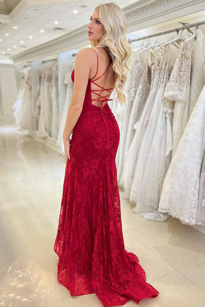 Elsa| Red Lace V Neck Mermaid Prom Dress