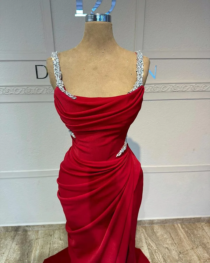 Fascinating Red Beaded Prom Dress With Pleated Split ZT0023