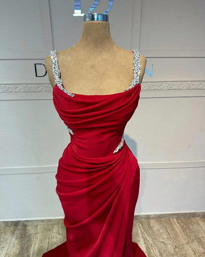 Fascinating Red Beaded Prom Dress With Pleated Split ZT0023