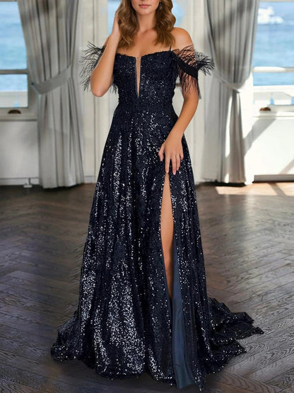 A-Line/Princess V-Neck Sleeveless Floor-length Sequined Evening Dresses with Pearls