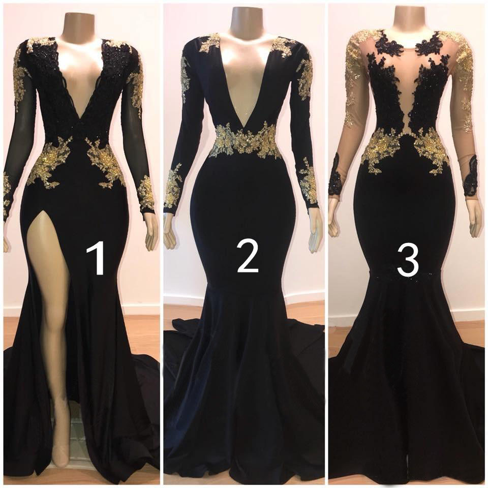 Long Sleeves Black Prom Dress With Gold Appliques PD030