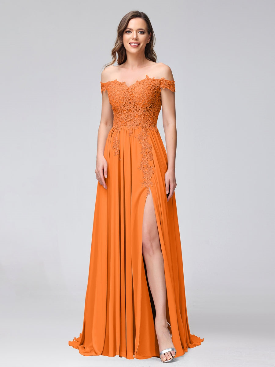 A-Line/Princess Off-the-Shoulder Sleeveless Long Bridesmaid Dresses with Side Slit & Appliqued