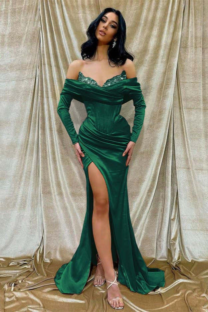 Off-The-Shoulder Long Sleeves Front Split Mermaid Prom Dress With Sequins PD0808