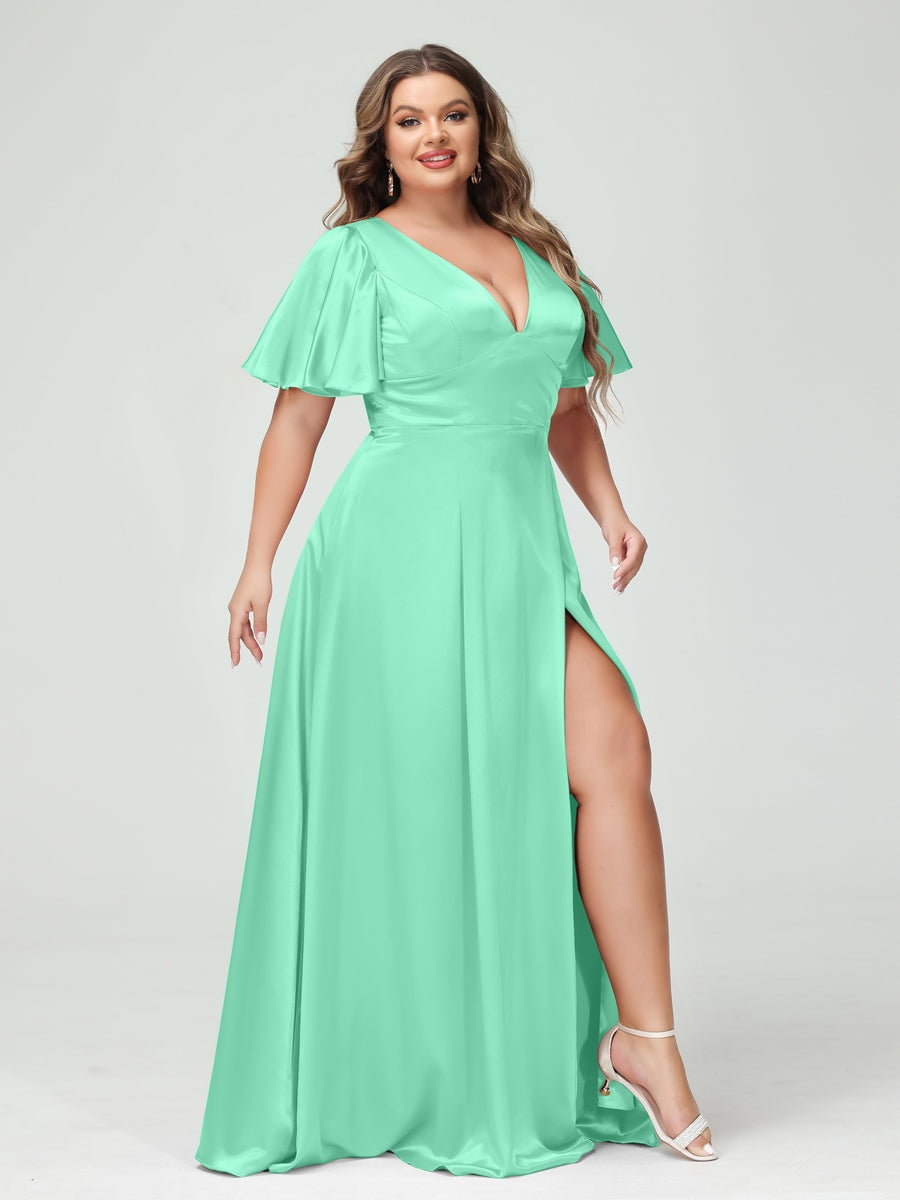 A-Line V-Neck Half Sleeves Silk Satin Plus Size Bridesmaid Dresses with Pockets