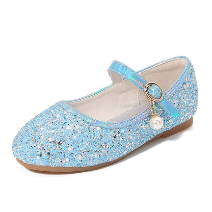 Sparkling Sequins Low Heel Round Toe Minimalist Girl's Shoes with Buckle & Pearl