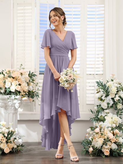 A-Line/Princess V-Neck Short Sleeves Asymmetrical Chiffon Bridesmaid Dresses with Ruched