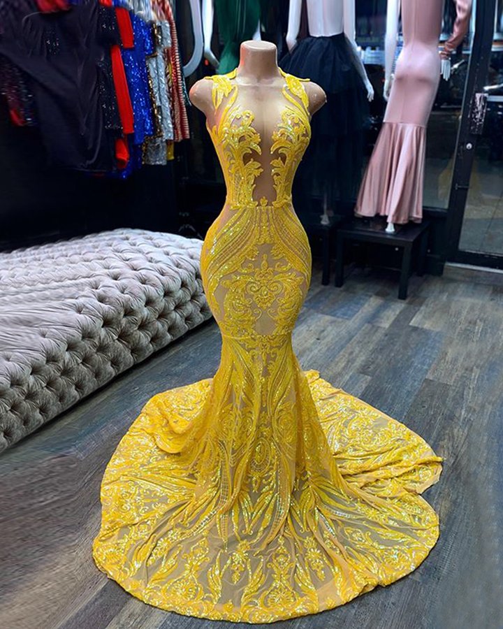 Yellow Sequins Mermaid Prom Dress Sleeveless PD0585