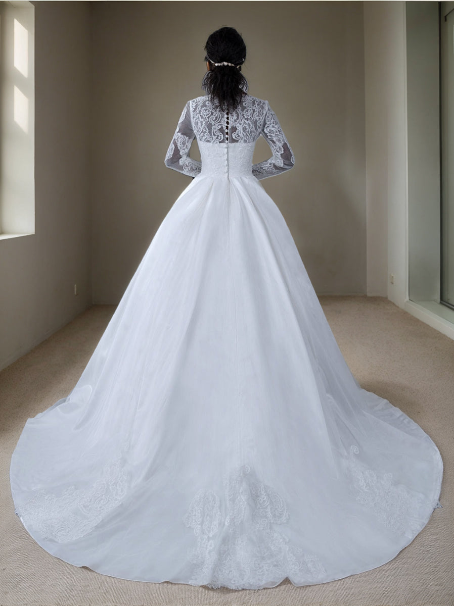 Ball Gown White V-Neck Long Sleeves Wedding Dresses with Appliques