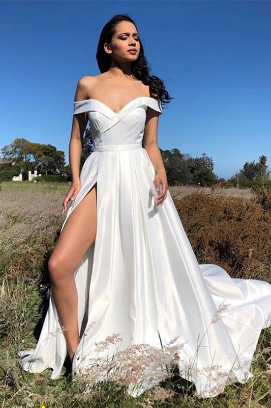 White Off-the-Shoulder Slit Prom Dress PD0414