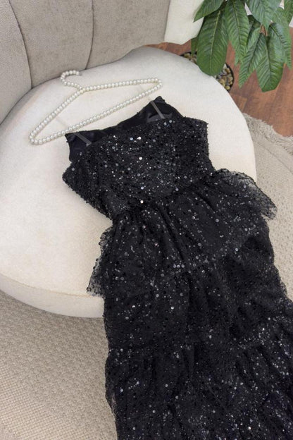 edgynewlook Stunning Black Sequins Sleeveless Strapless Split Long Prom Dress with Ruffles