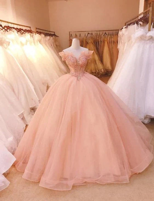 Elegant Ball Gown Long Prom Dress, Off the Shoulder Wedding Dress, Lace Beads Appliqued Evening Gown, Quinceanera Dresses gh977