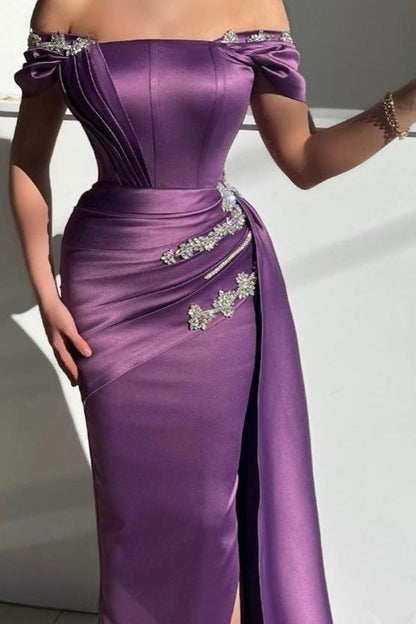 edgynewlook Amazing Purple Satin Off the Shoulder Strapless Long Split Prom Dress with Rhinestone