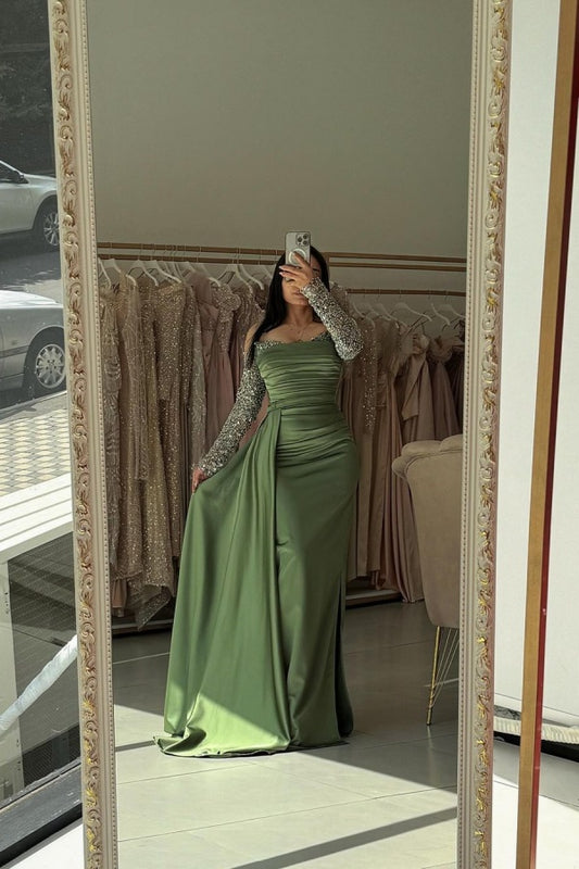 Green Elegant Strapless Beaded Prom Dress With Side Trail ZT0187