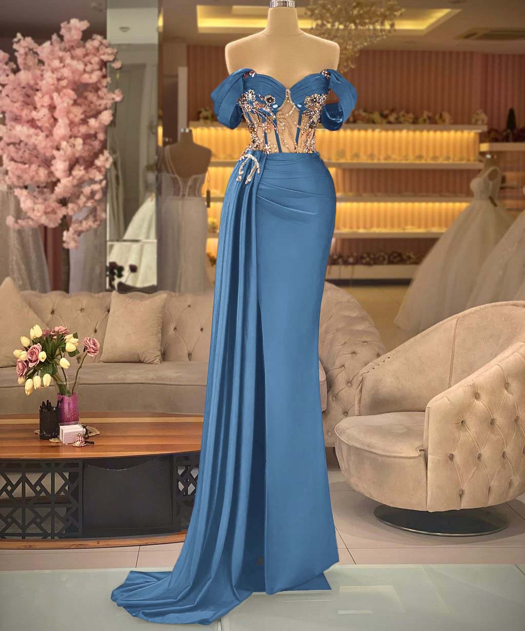 edgynewlook Elegant Off-the-shoulder Royal Blue Beaded Sleeveless Prom Dress with Split