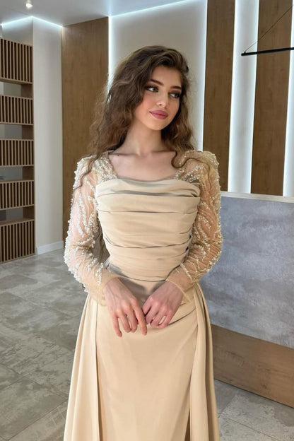 Gentle Beaded Long Sleeves Prom Dress With Detachable Trail ZT0325