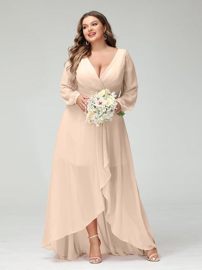 A-Line/Princess V-Neck Long Sleeves Asymmetrical Plus Size Bridesmaid Dresses with Pockets