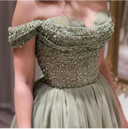 Sequins Green Off-The-Shoulder Tulle Long Prom Dress ZT0497