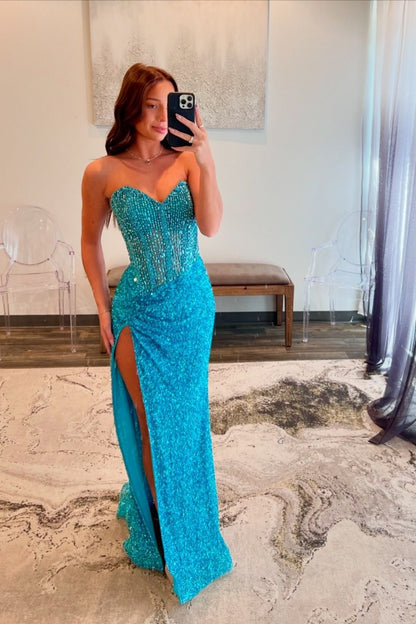 Strapless Blue Beaded Split Prom Dress ZT0272