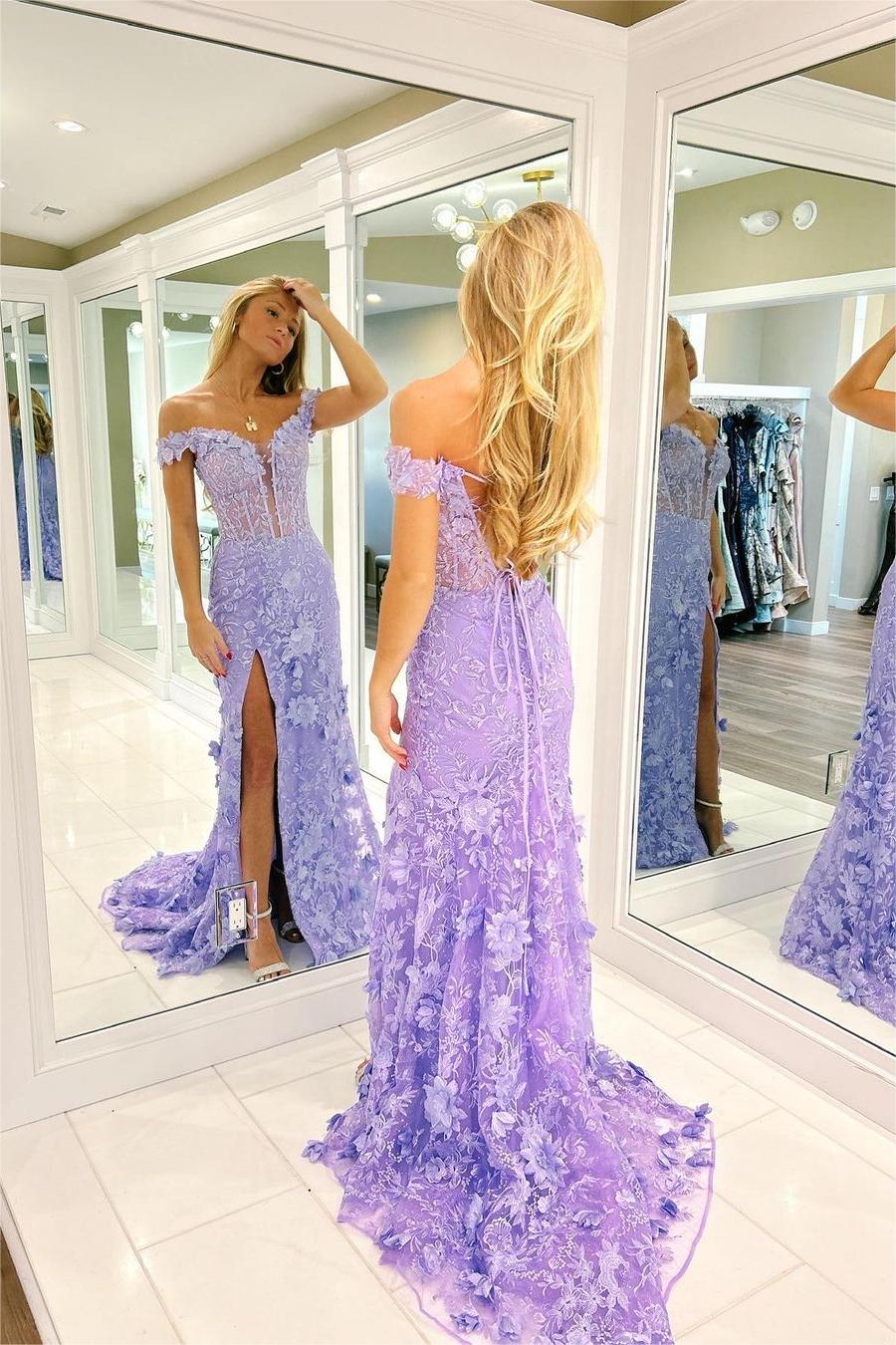 edgynewlook Exquisite Purple Applique Off the Shoulder Strapless Prom Dress with Split