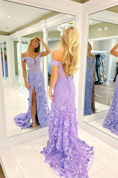 edgynewlook Exquisite Purple Applique Off the Shoulder Strapless Prom Dress with Split