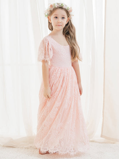 A-line Lace Ankle-length Ivory Boho Flower Girl Dress