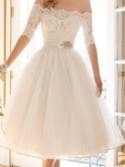 A-Line/Princess Lace Tulle Off-the-shoulder Half Sleeves Tea Length Appliques Wedding Dress