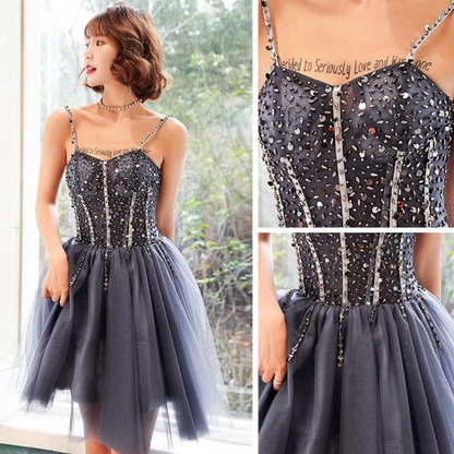 Chic Tulle Beaded Straps Knee Length Homecoming Dress Prom Dress, Short Formal Dress gh64