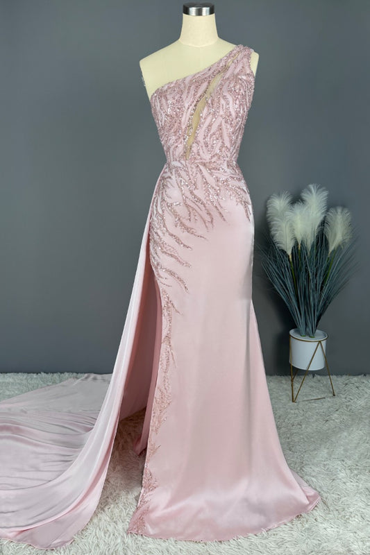 Okdais Blushing Pink Prom Dress Long Party Mermaid Sequins Sleeveless One Shoulder X0026