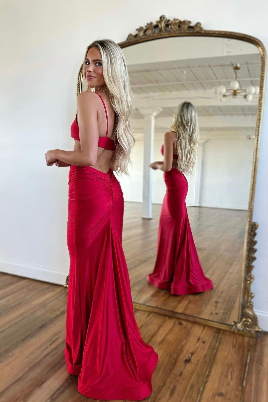 Prom Dress Simple Red Spaghetti Strap Long Mermaid Taping YL0118