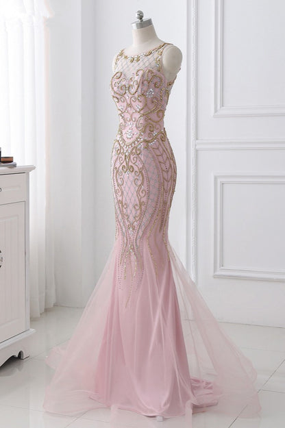 Edgynewlook Pink Jewel Sleeveless Prom Dress Mermaid with Beadings Rhinestone