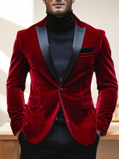 Red Men's Velvet Party Peak Neck Regular Single Breasted One-Button Blazer Jacket